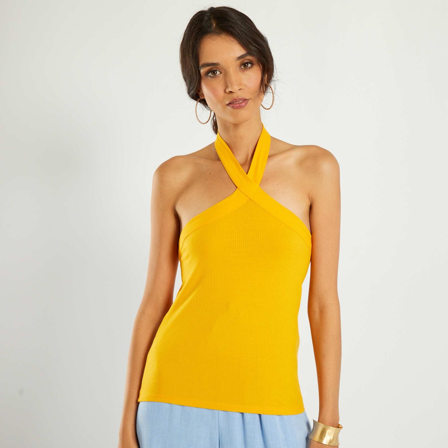Top en maille côtelée col croisé JAUNE