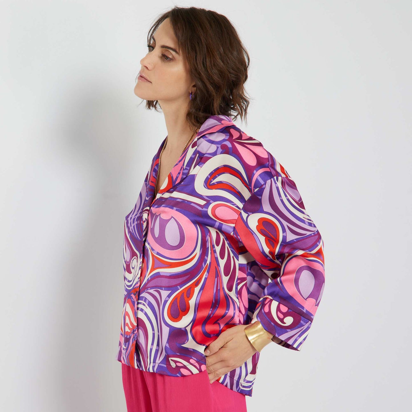 Chemise en satin imprimé rétro Violet