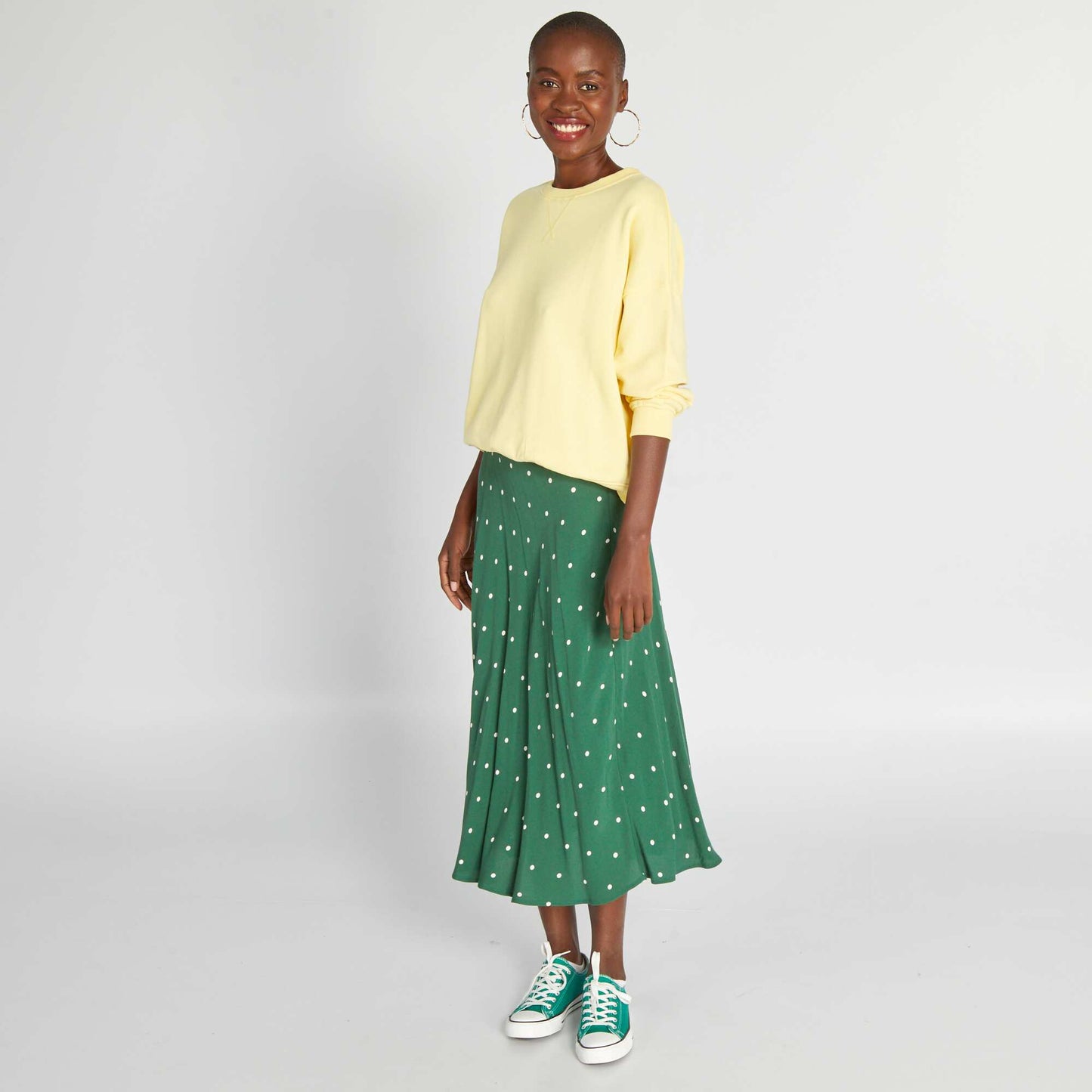 Jupe midi en maille crêpe Vert à pois
