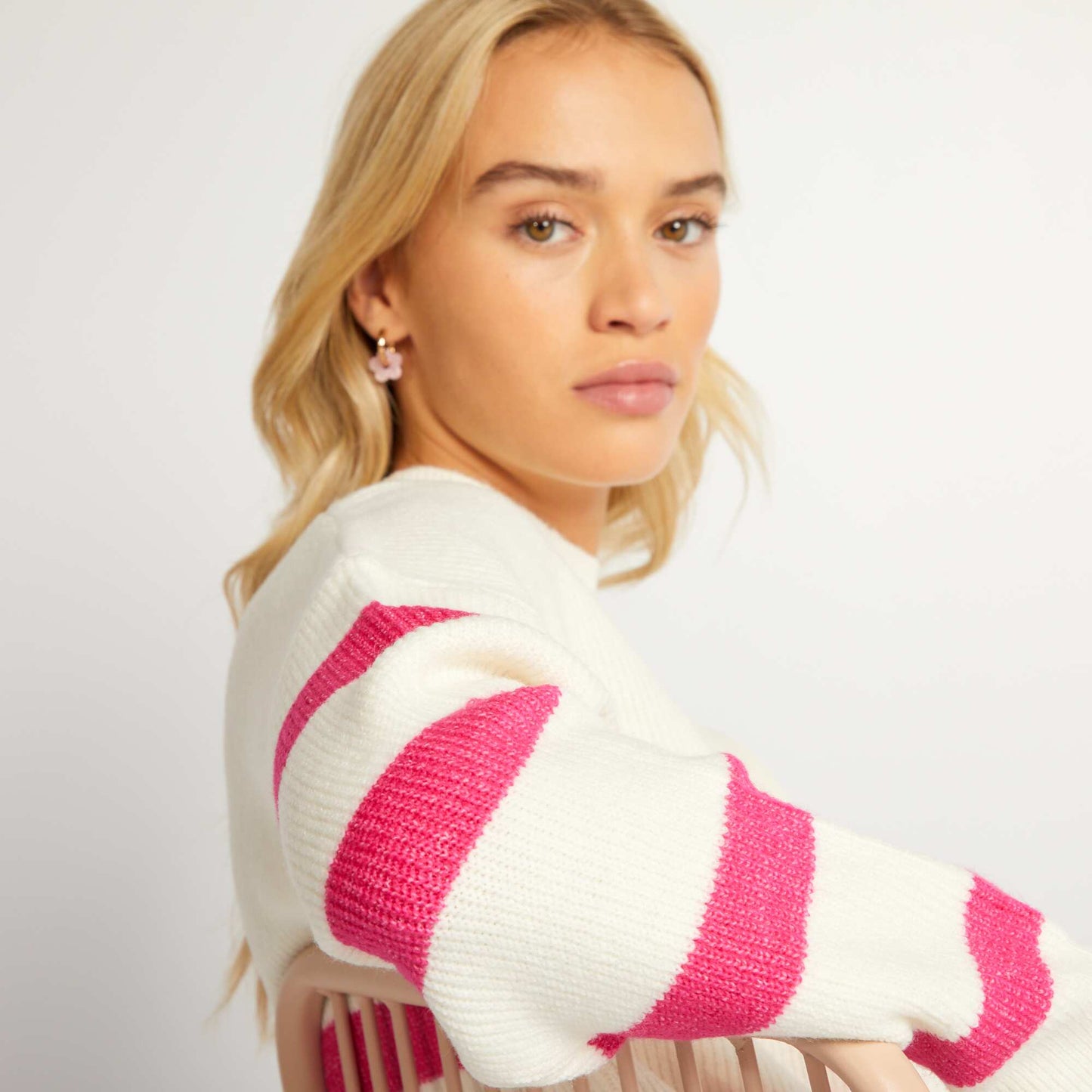 Pull marinière en maille Blanc/fushia