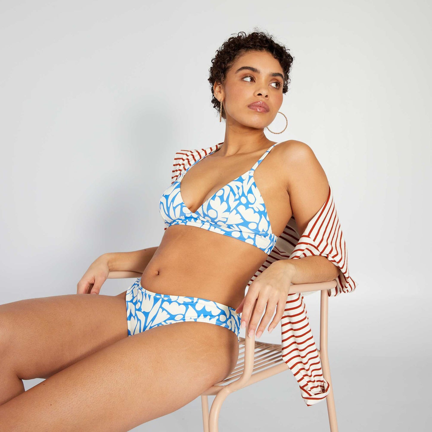 Haut de maillot de bain triangle imprimé organique Blanc/bleu