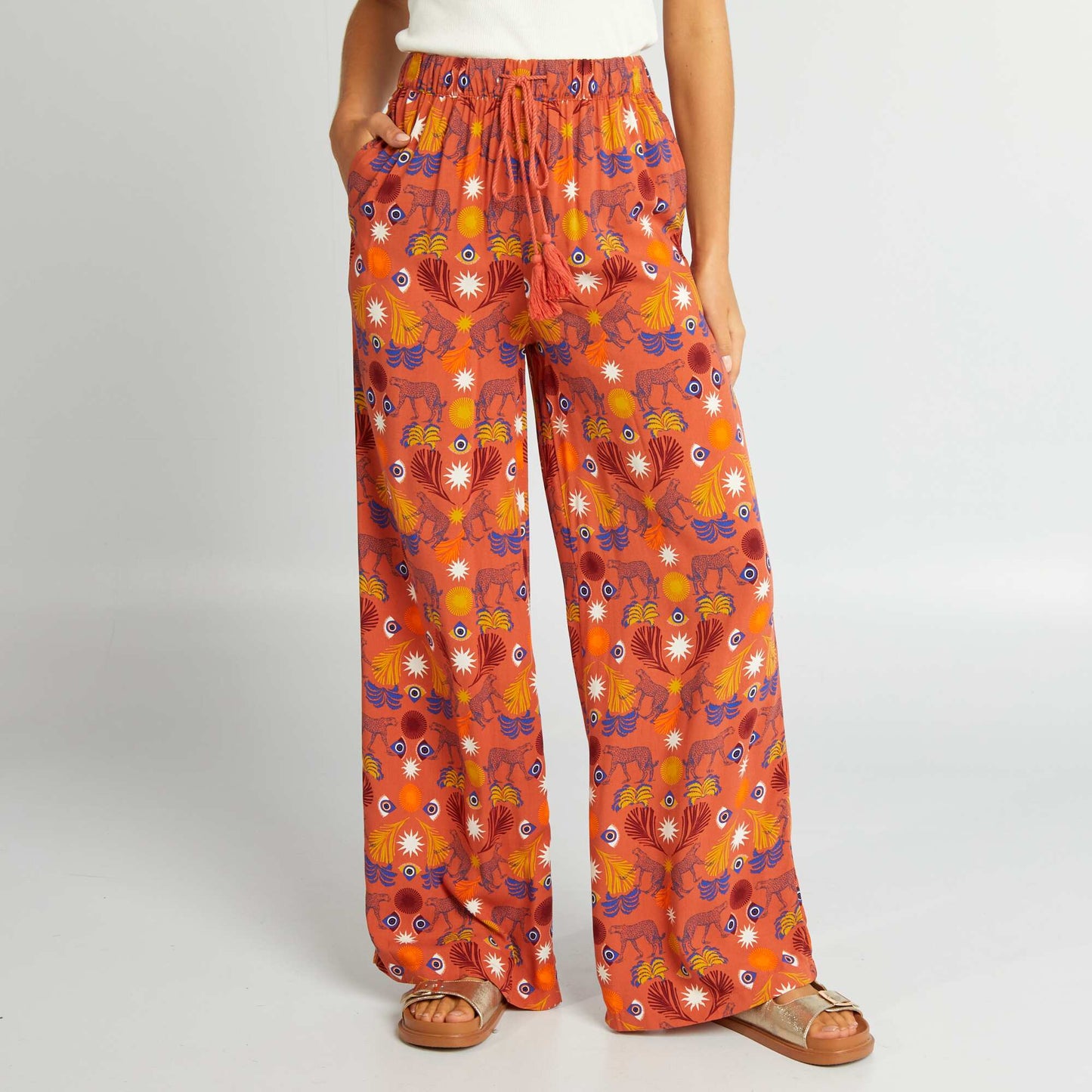 Pantalon large imprimé exotique Terracotta