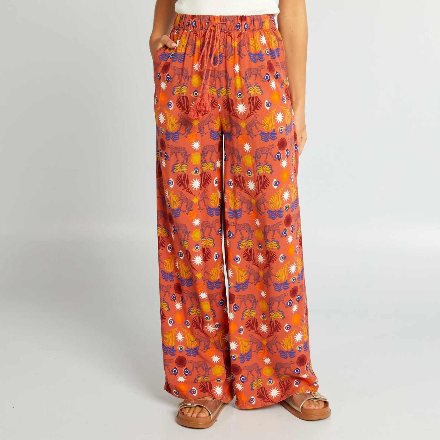 Pantalon large imprimé exotique Terracotta