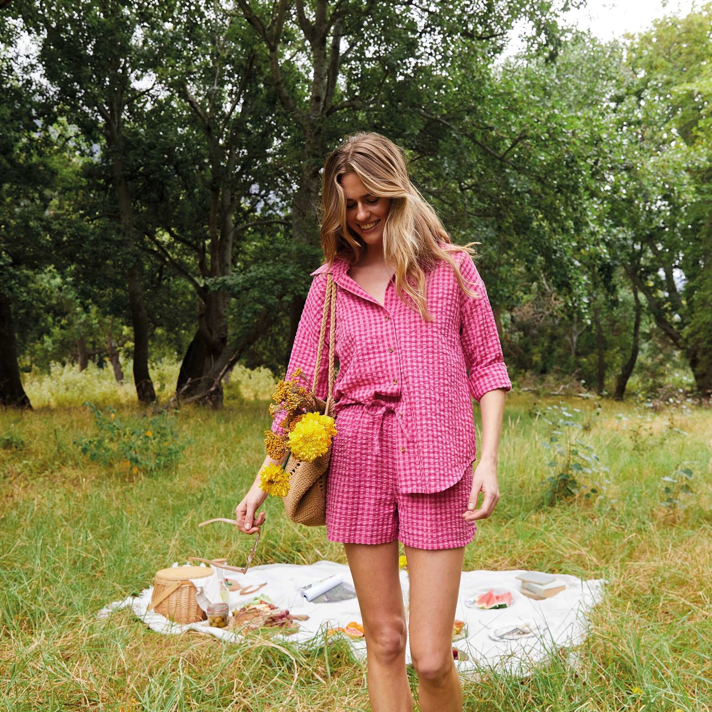 Short gaufré avec imprimé vichy Rose