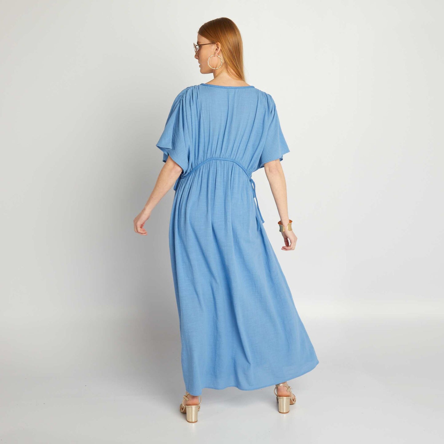 Robe longue en double gaze de coton bleu