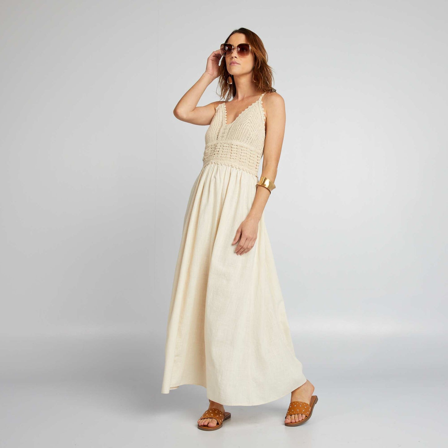 Robe longue évasée en macramé Beige