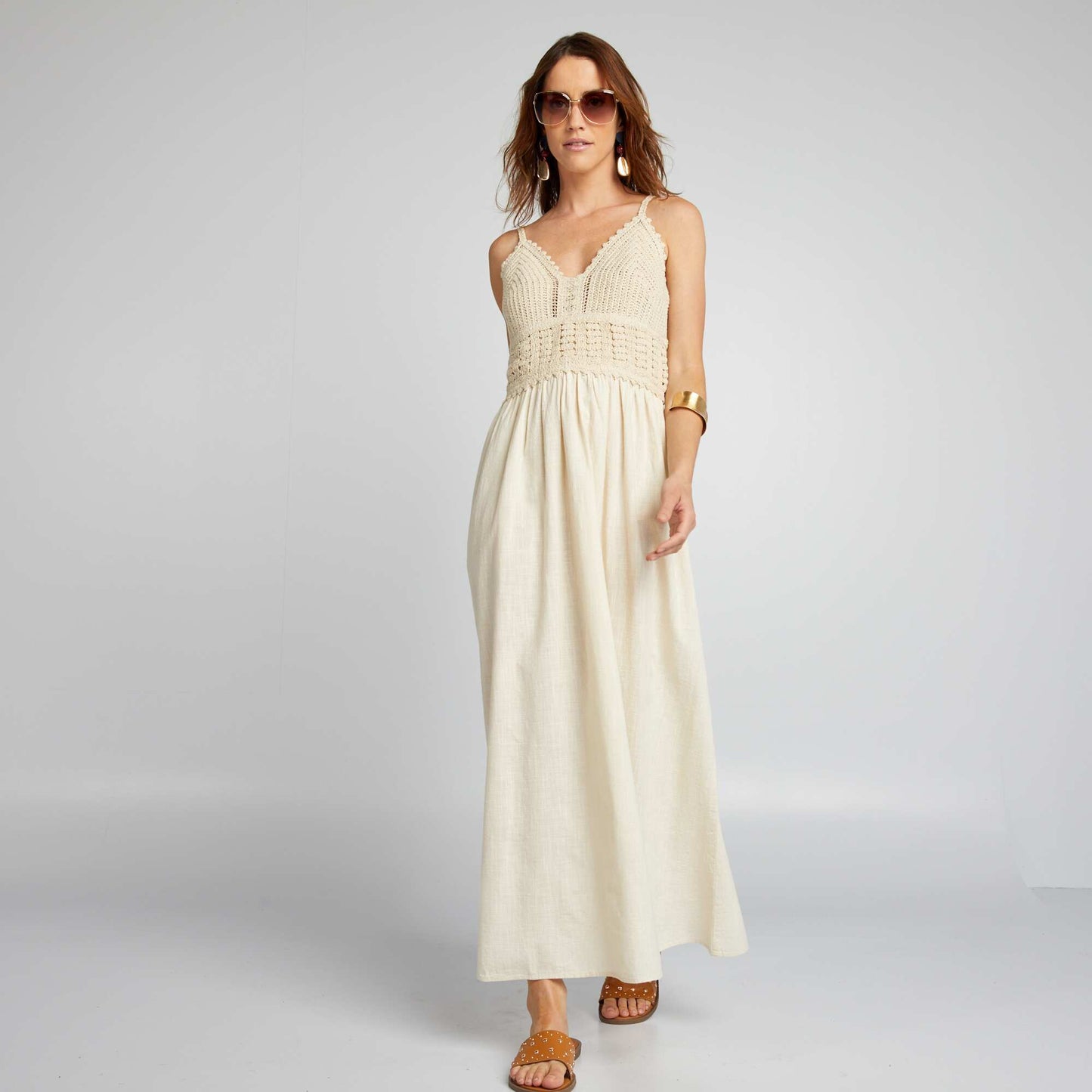 Robe longue évasée en macramé Beige