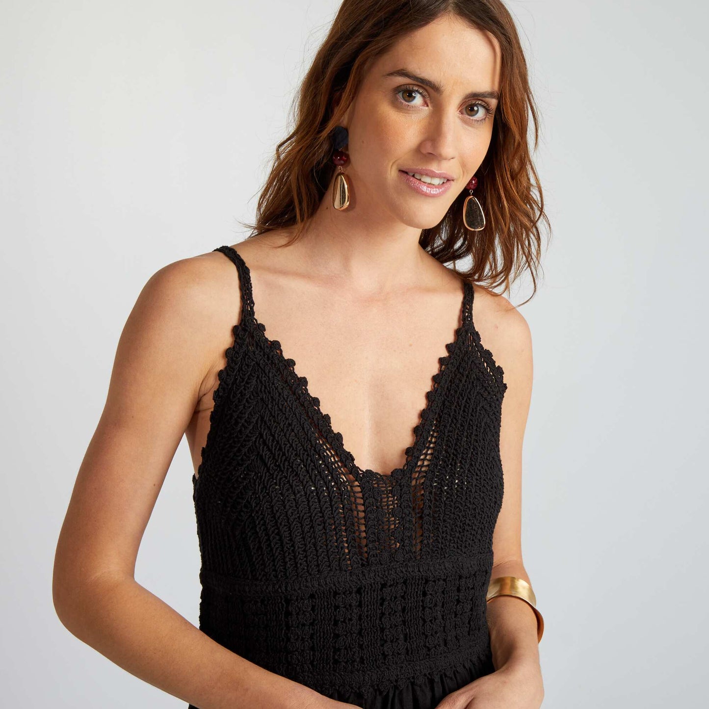 Robe longue évasée en macramé noir