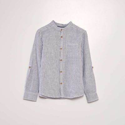 Chemise à col mao en lin mélangé BLEU