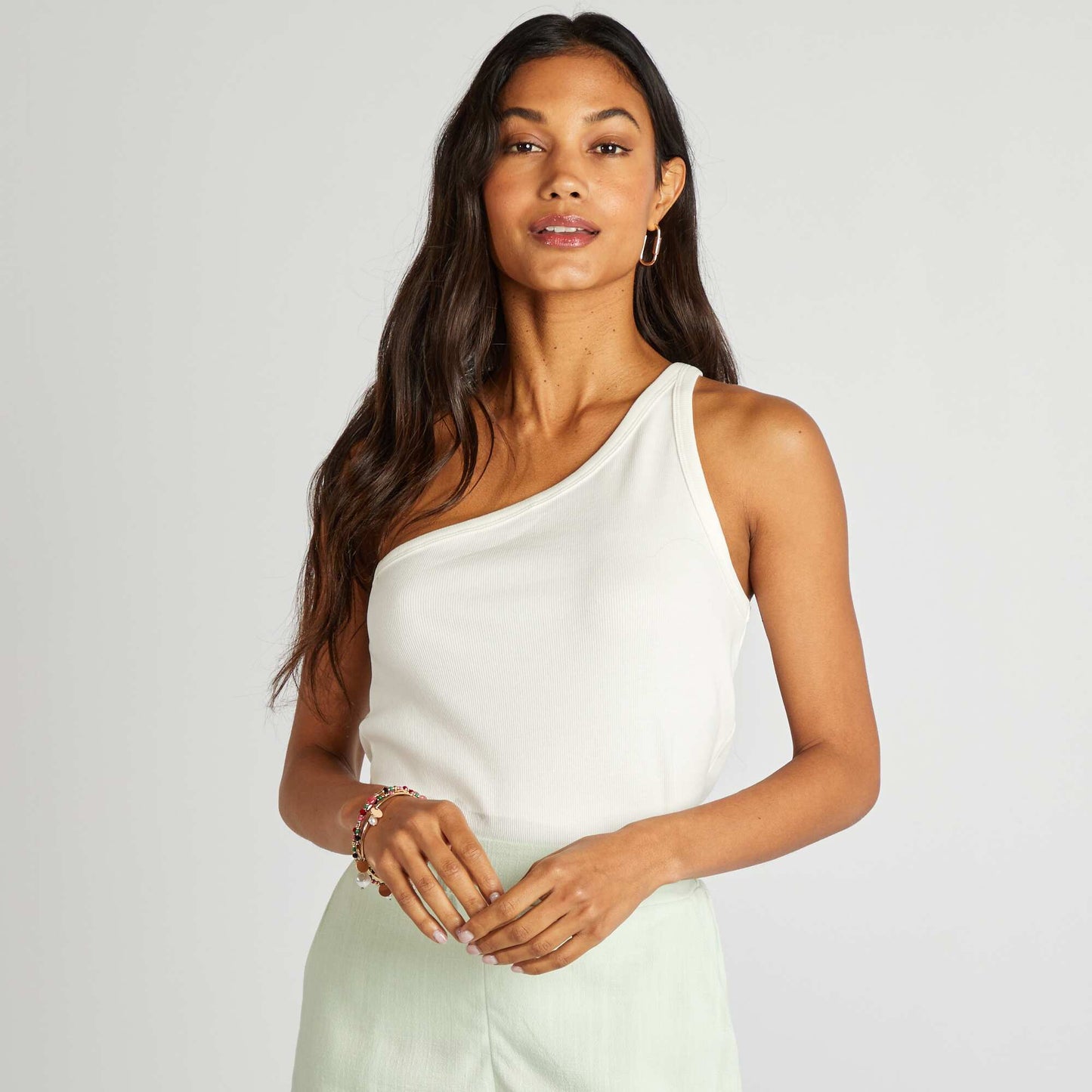 Top uni one shoulder côtelé Blanc