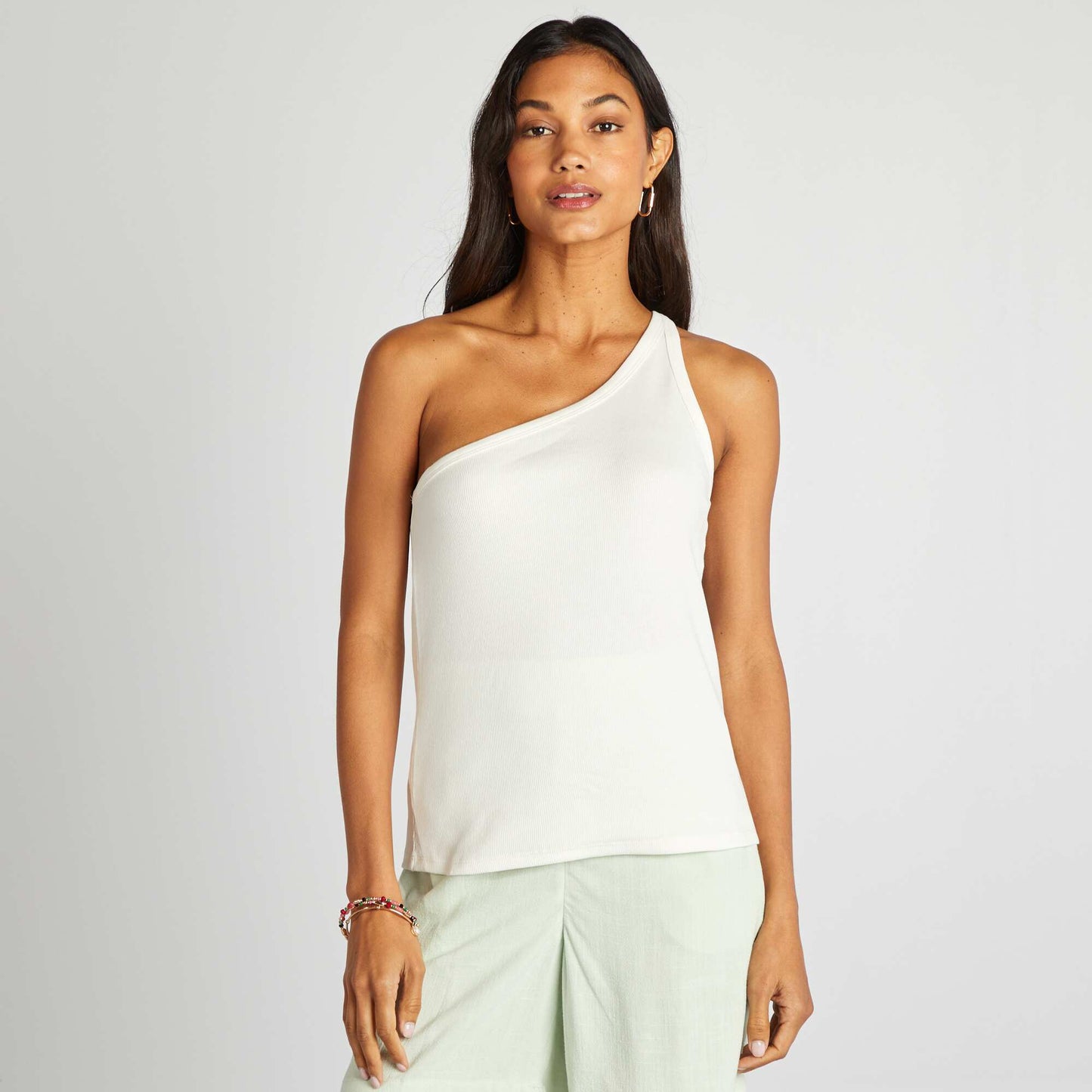 Top uni one shoulder côtelé Blanc