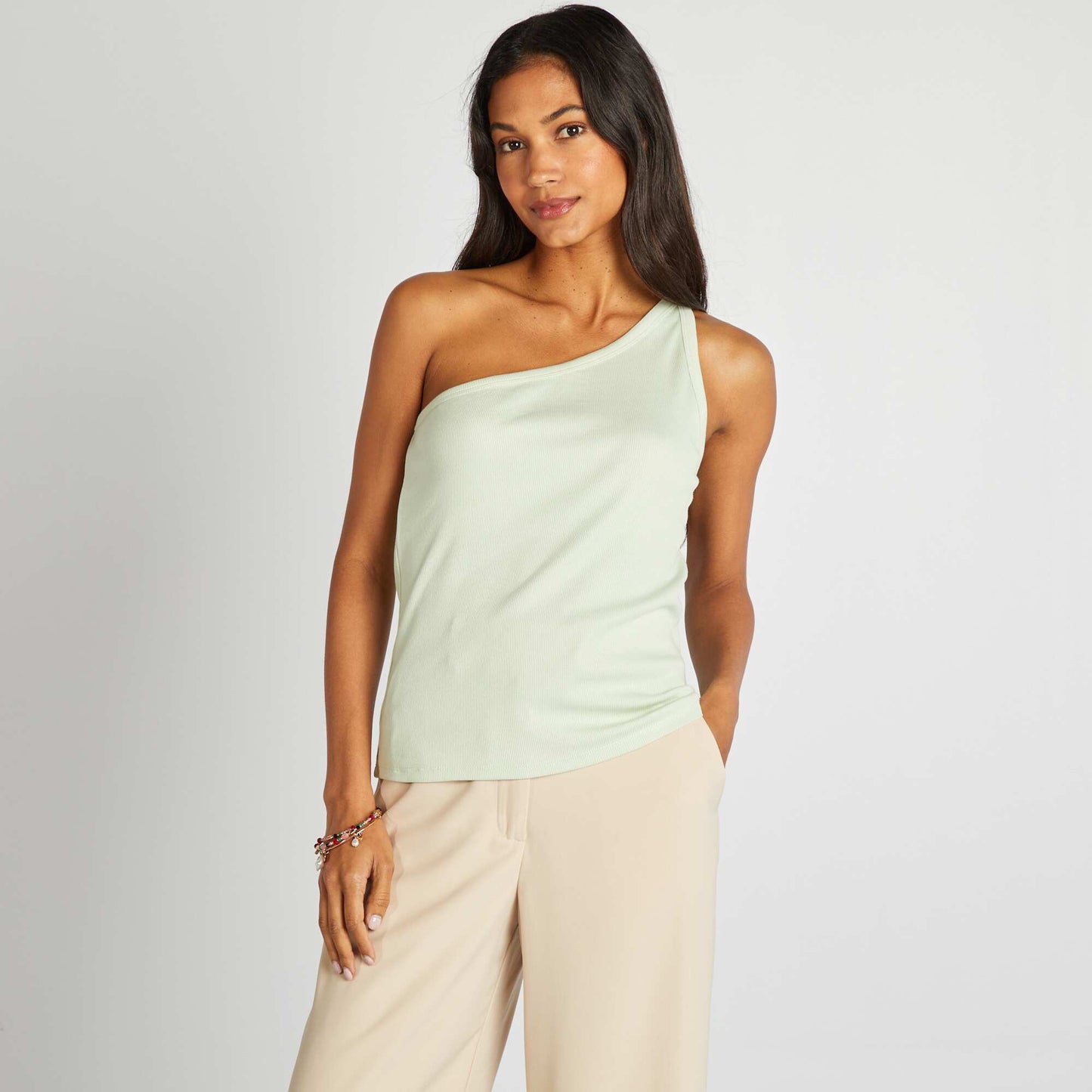 Top uni one shoulder côtelé Vert