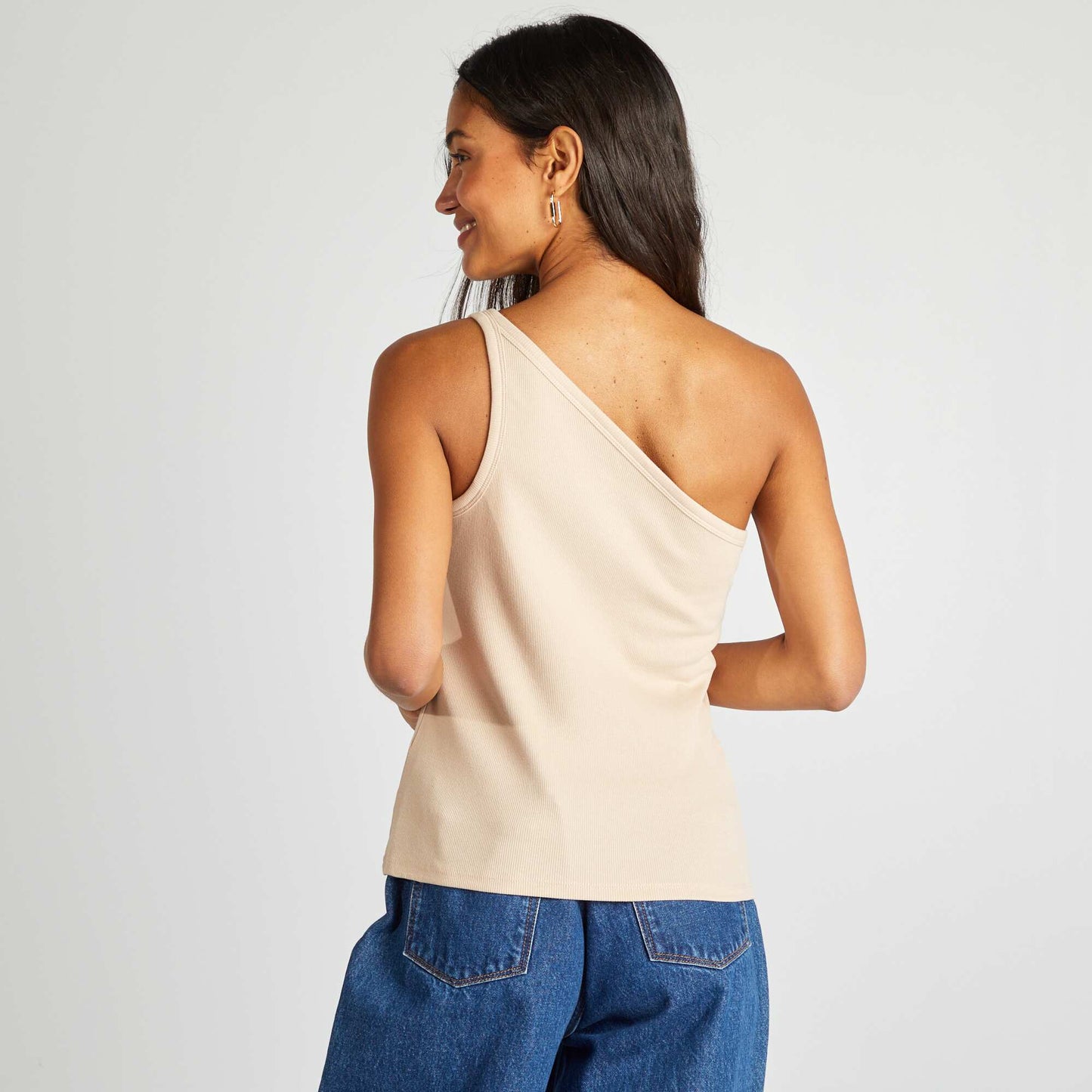 Top uni one shoulder côtelé Beige