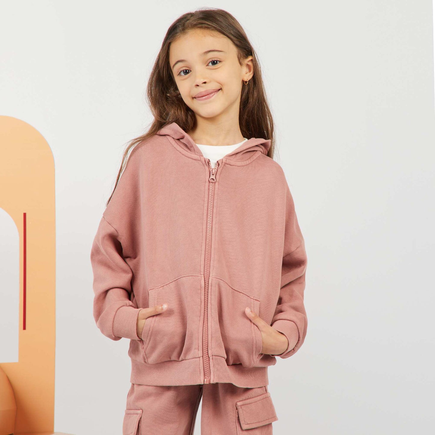 Sweat mixte à capuche ouverture zippée Vieux rose