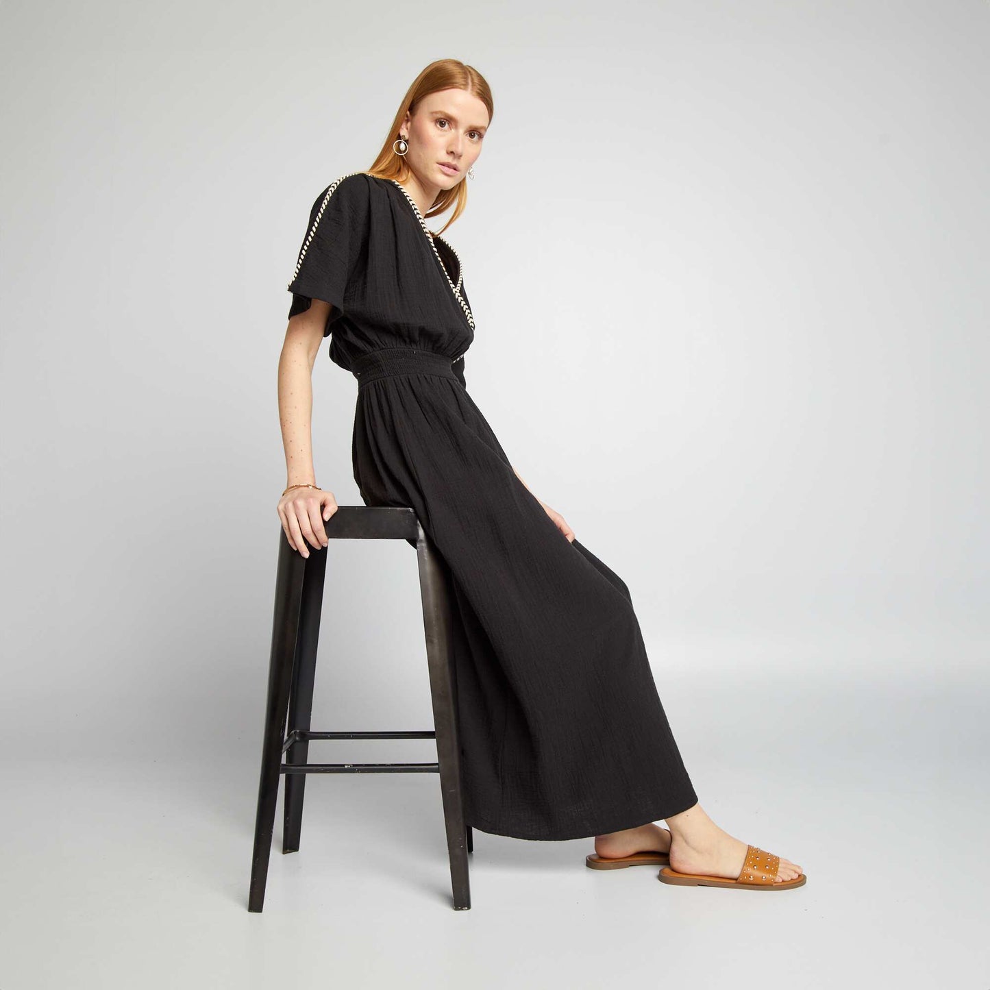 Robe longue en gaze de coton tressée NOIR