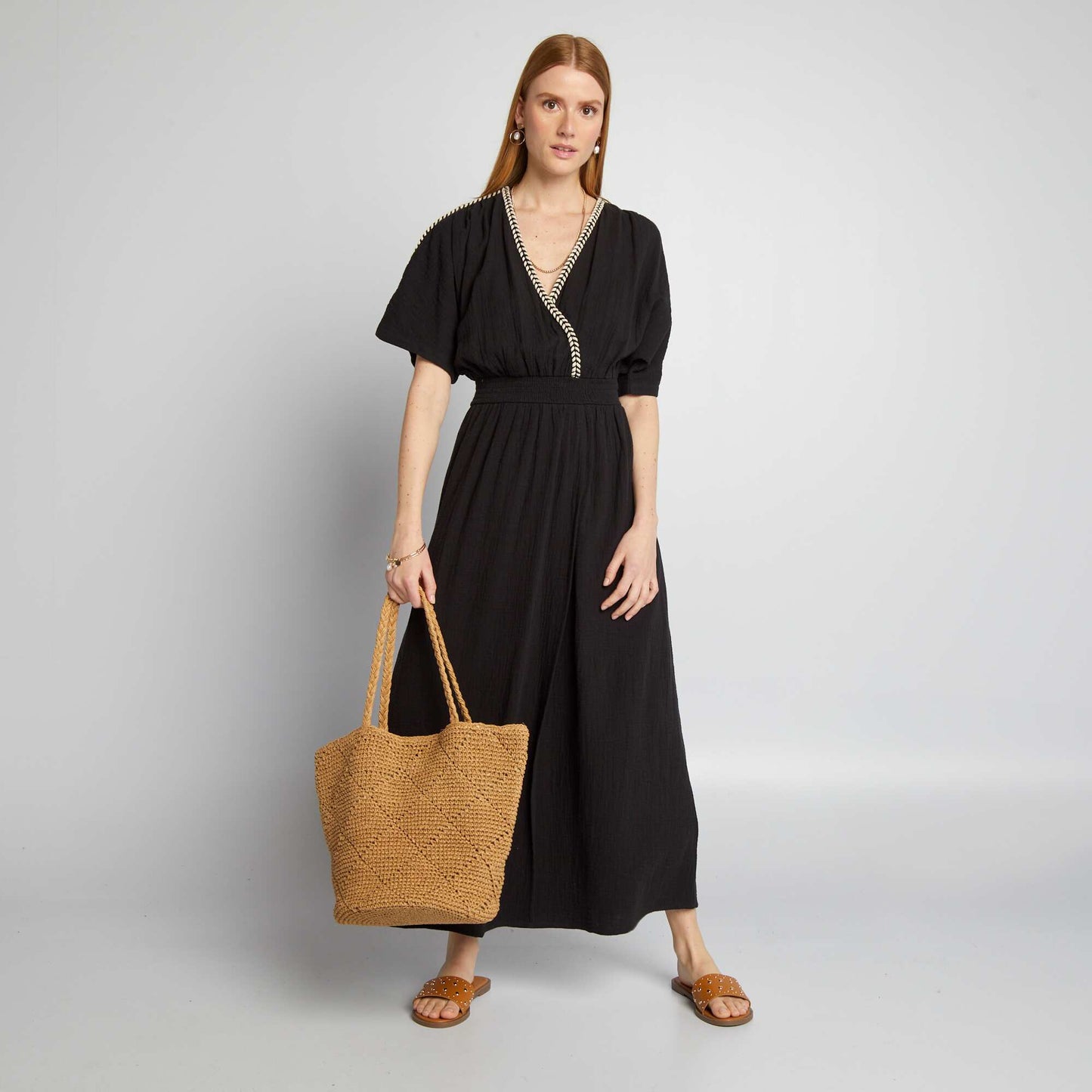 Robe longue en gaze de coton tressée NOIR