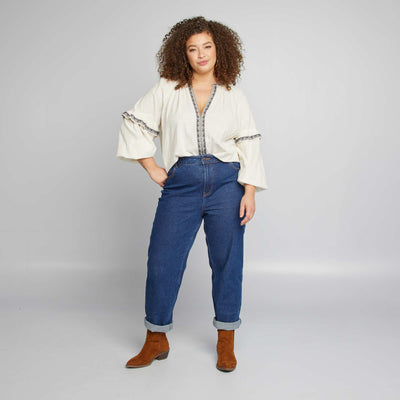 Blouse en gaze de coton avec motifs brodés BEIGE