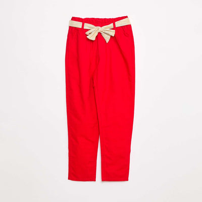 Pantalon uni en voile de coton avec ceinture ROUGE