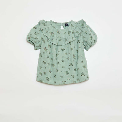 Blouse manche courte à motif en gaze de coton VERT
