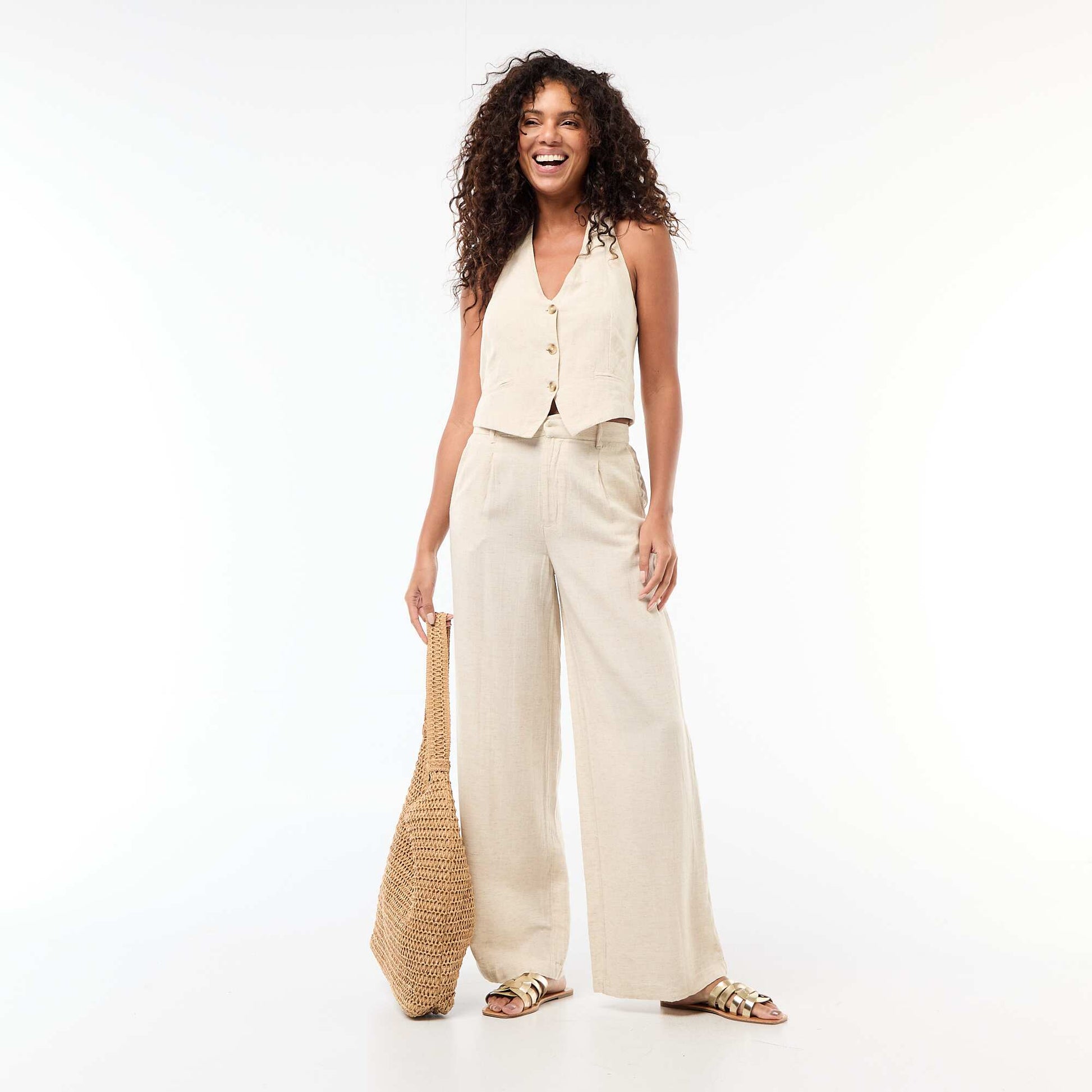 Pantalon droit en lin mélangé BEIGE