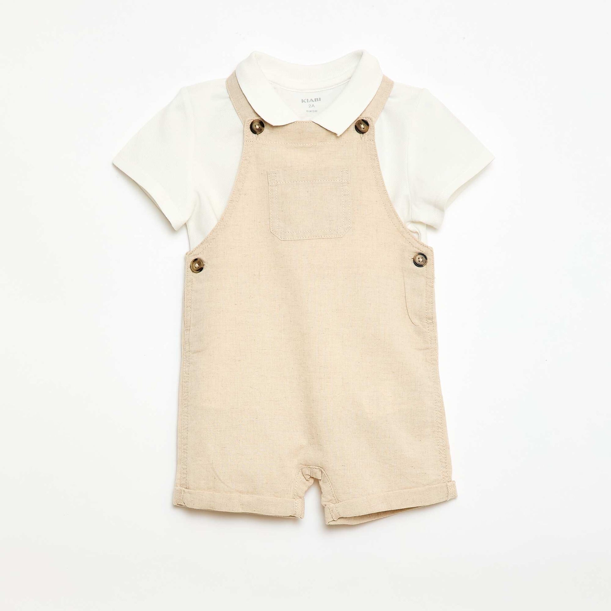 Ensemble salopette en lin mélangé + polo en piqué de coton - 2 pièces BLANC