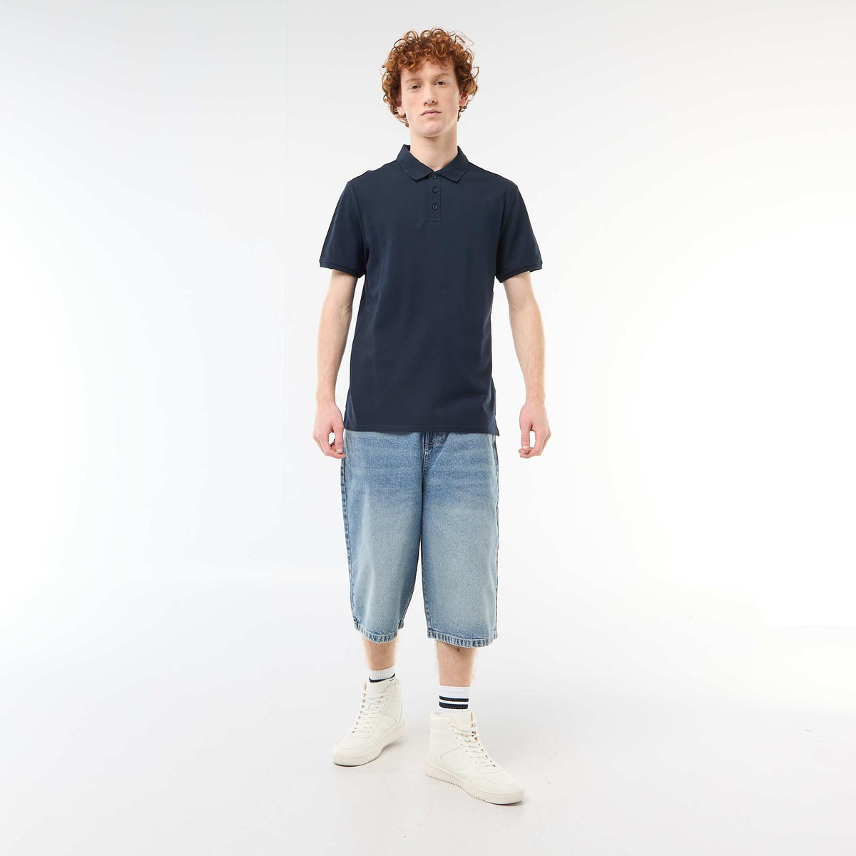 Polo uni manches courtes en coton BLEU