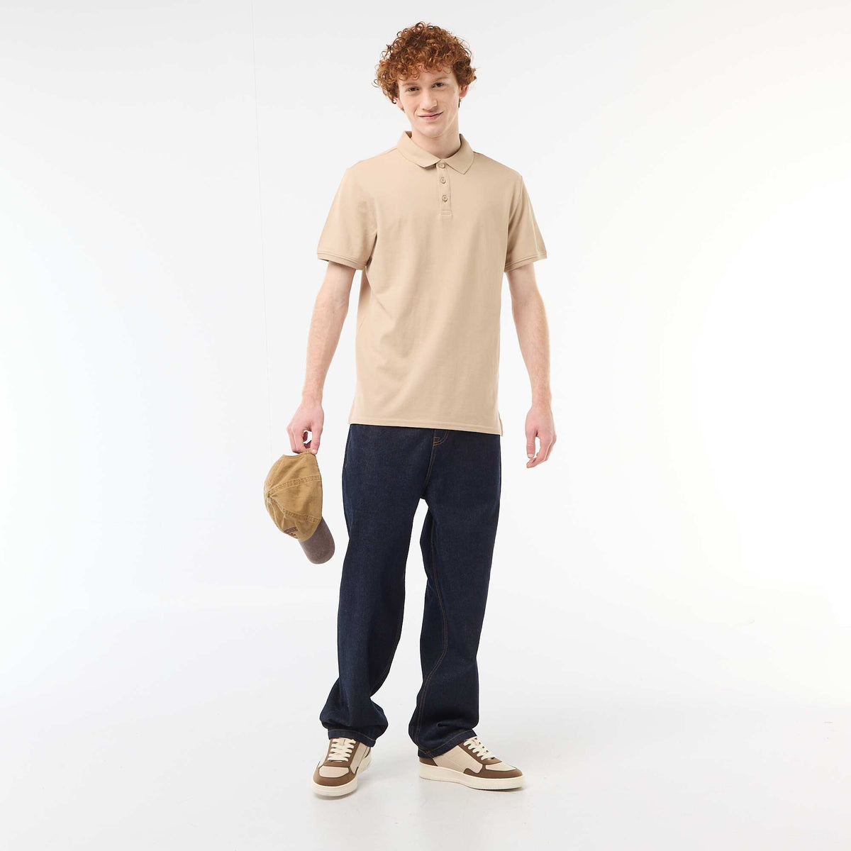 Polo uni manches courtes en coton BEIGE