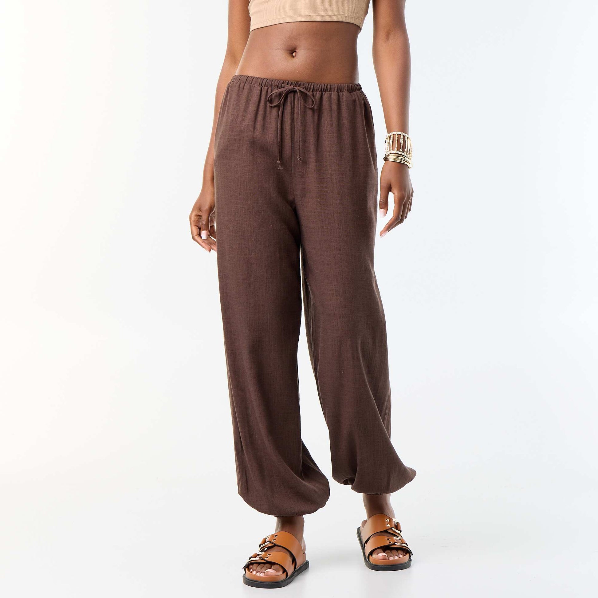 Pantalon coupe balloon uni avec 2 poches MARRON