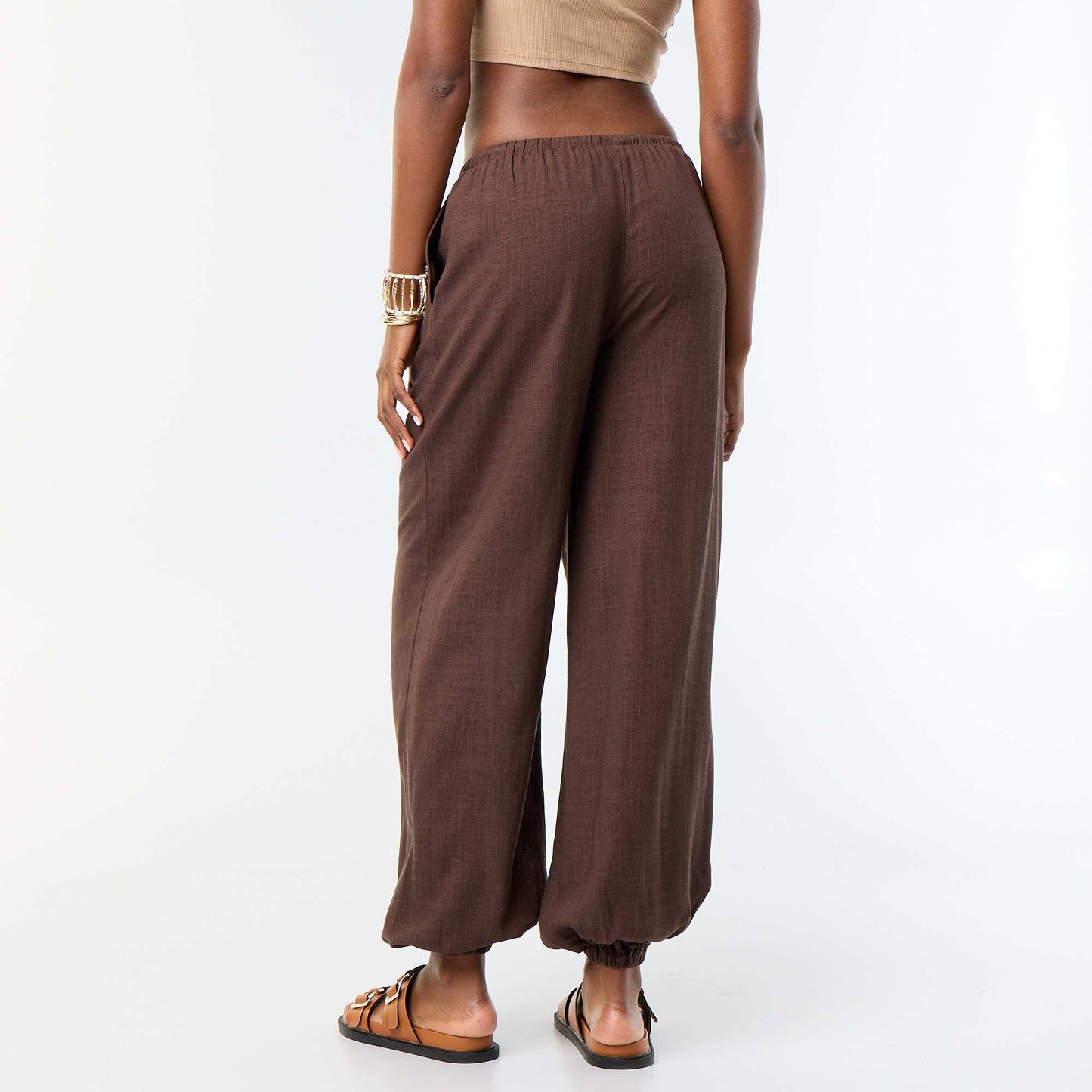 Pantalon coupe balloon uni avec 2 poches MARRON