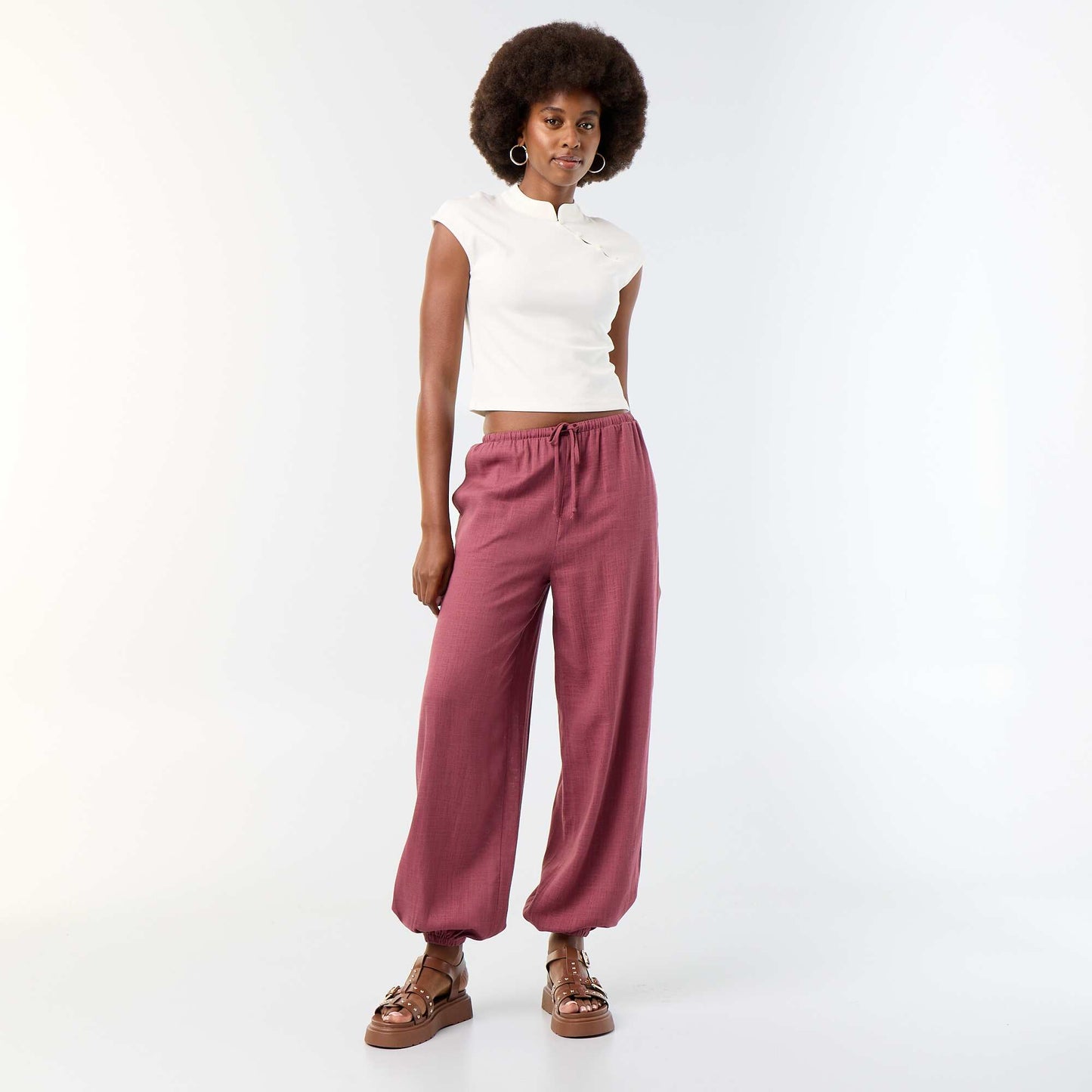 Pantalon coupe balloon uni avec 2 poches ROSE