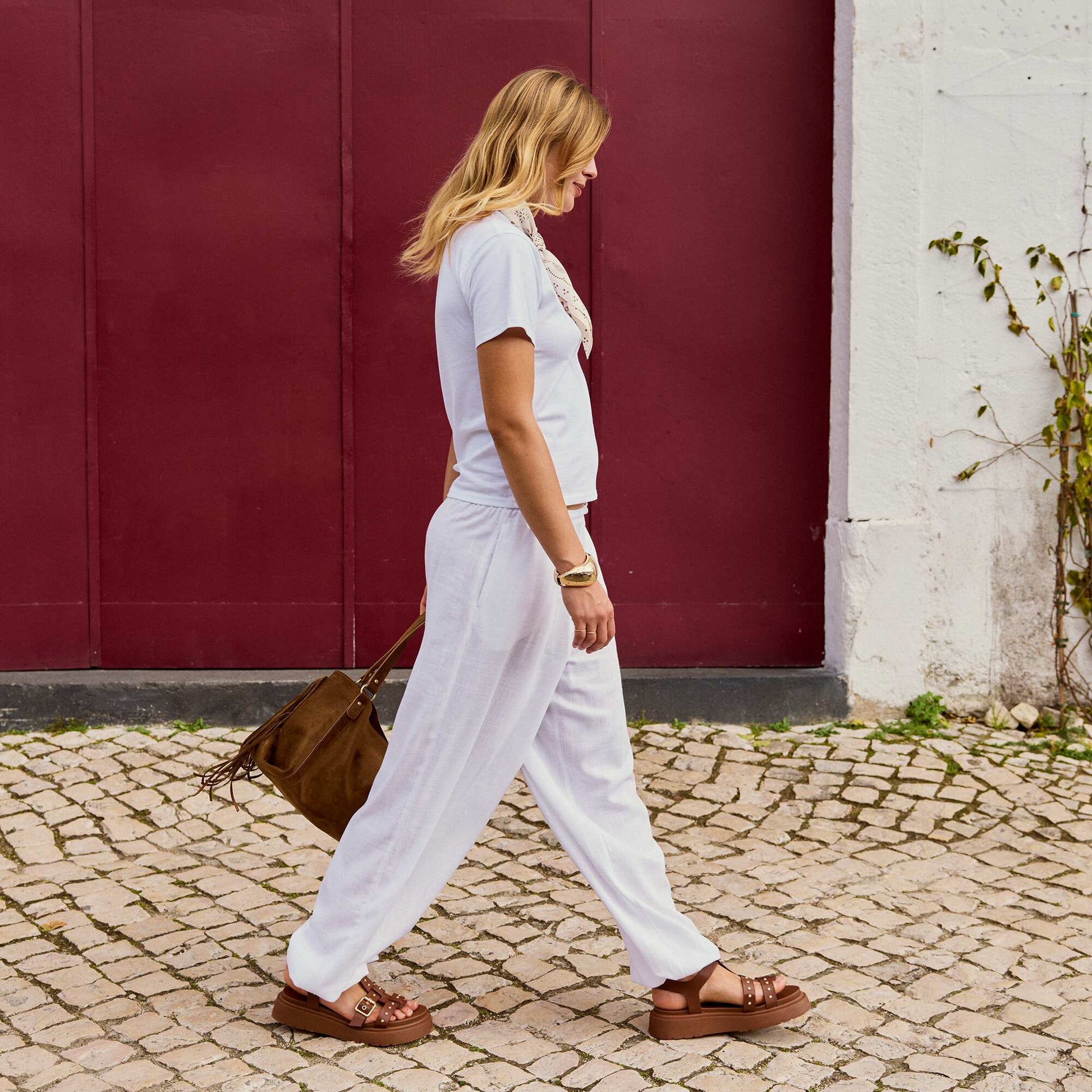 Pantalon coupe balloon uni avec 2 poches BLANC