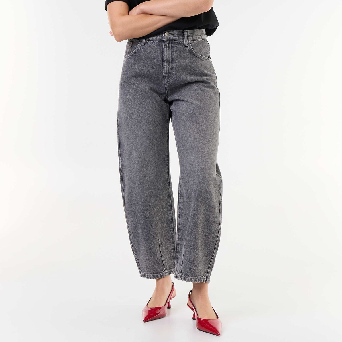 Pantalon en denim forme large barrel GRIS