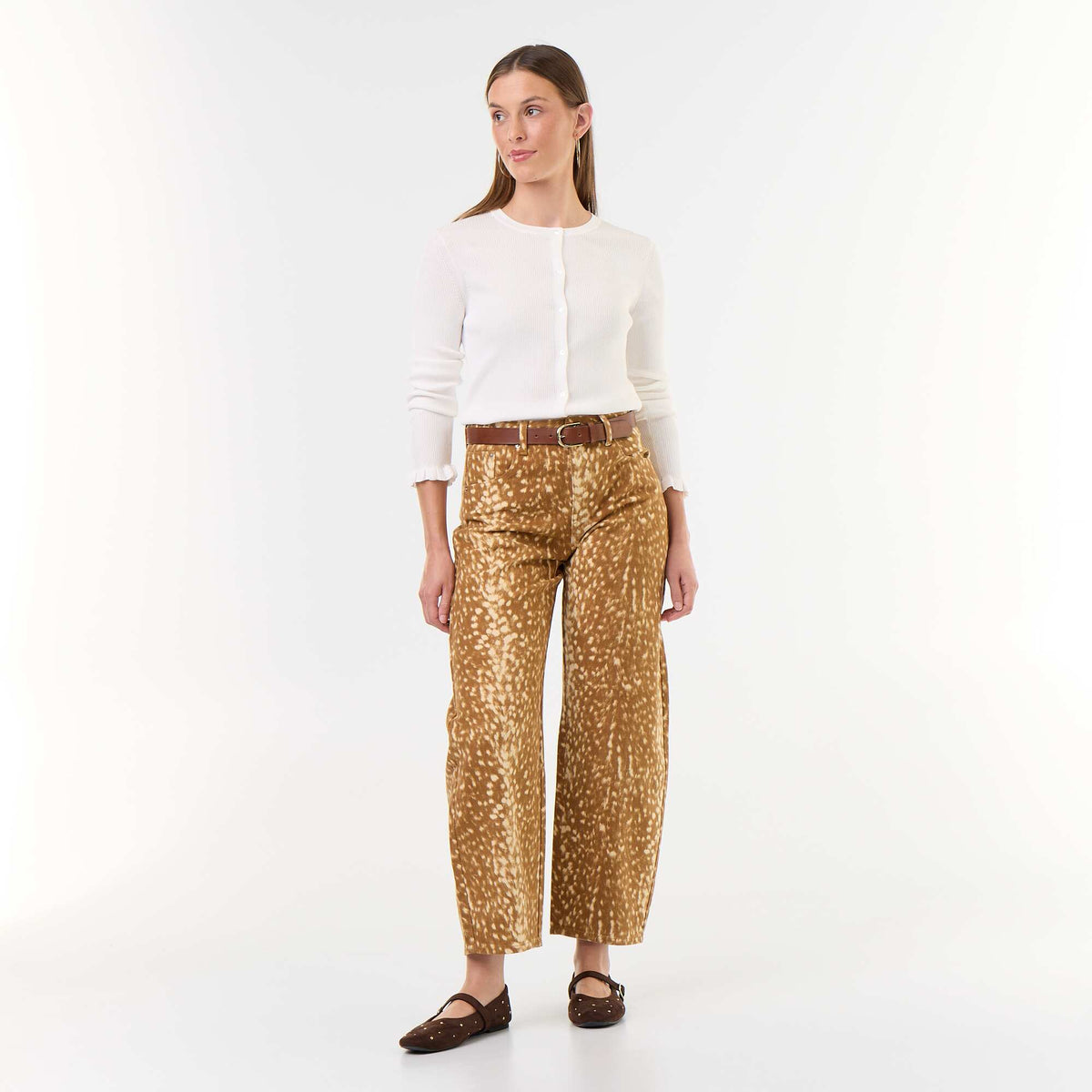 Pantalon denim coupe barrel à motif BEIGE