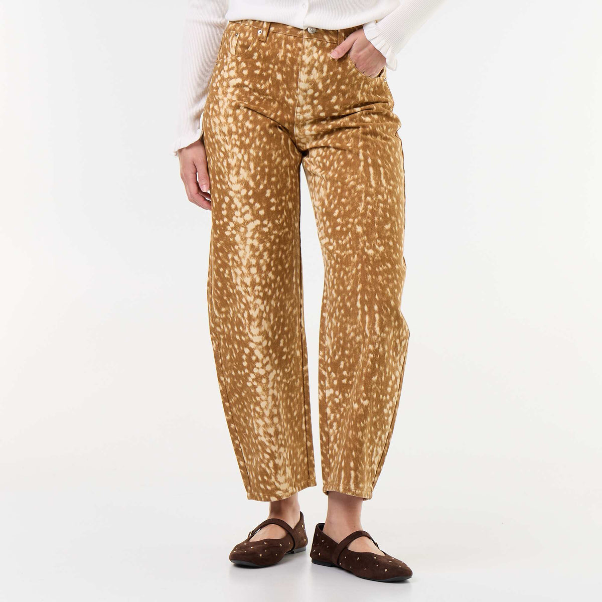 Pantalon denim coupe barrel à motif BEIGE