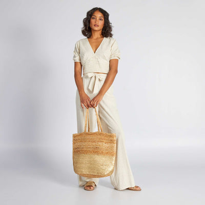 Blouse crop top en lin et décolleté plongeant Beige