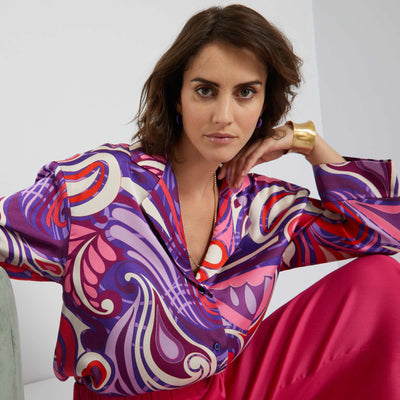 Chemise en satin imprimé rétro Violet
