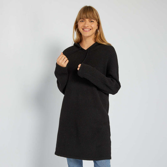 Robe pull à capuche en rib Noir