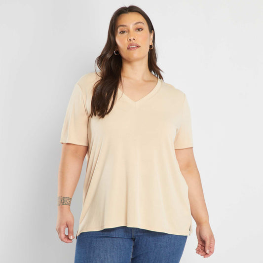 T-shirt col V en matière douce Beige