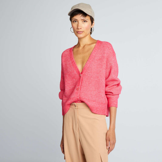 Gilet maille grosse jauge et boutons fantaisie Rose