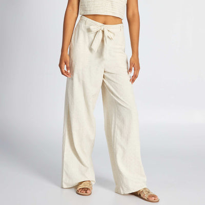 Pantalon large en lin effet plumetis Beige