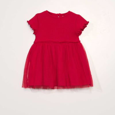 Robe en maille côtelée avec tulle Rouge