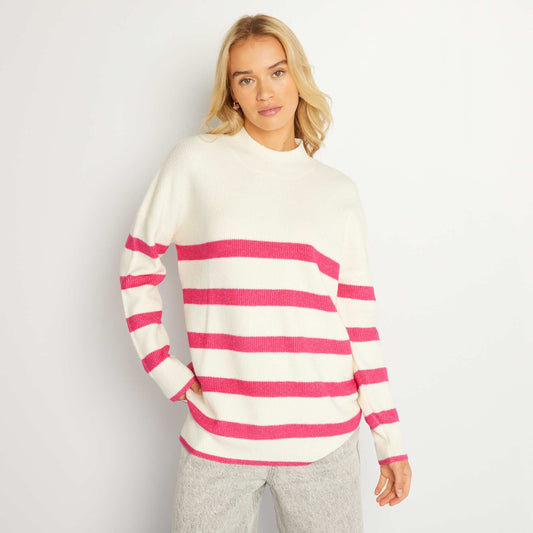 Pull marinière en maille Blanc/fushia