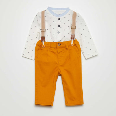 Ensemble body + pantalon slim à bretelles - 2 pièces Blanc/jaune moutarde