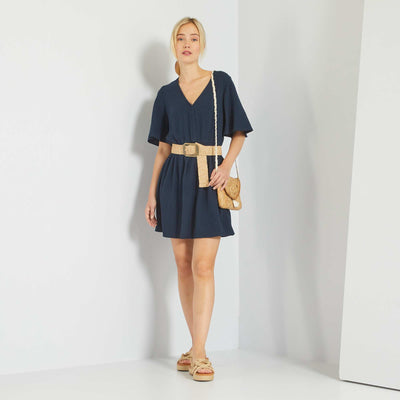 Robe courte en gaze de coton Bleu marine